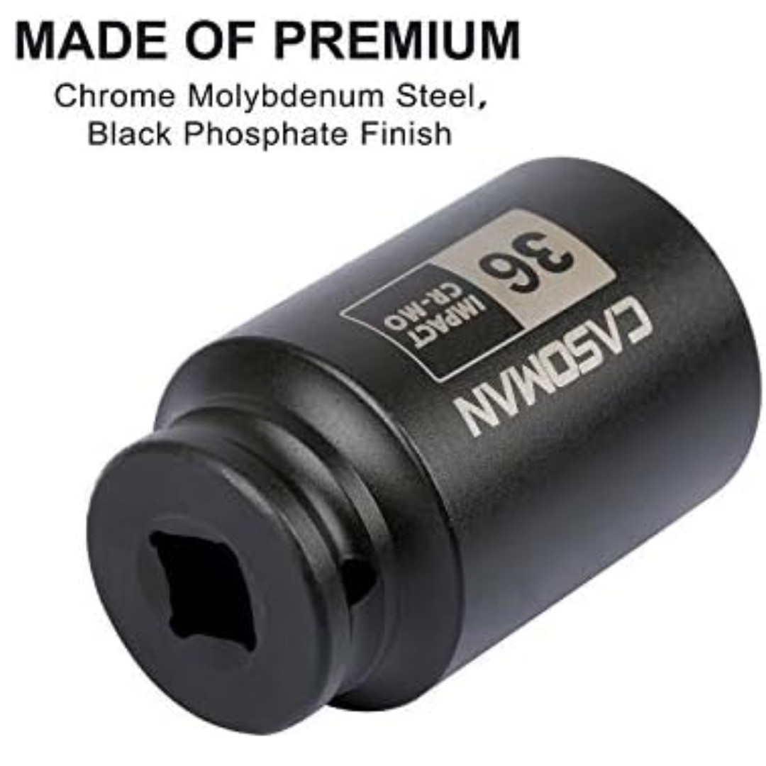 1/2" Drive X 36 Mm Deep 6 PT Impact Socket, CR-MO, Drive 6 Point Axle Nut Socket