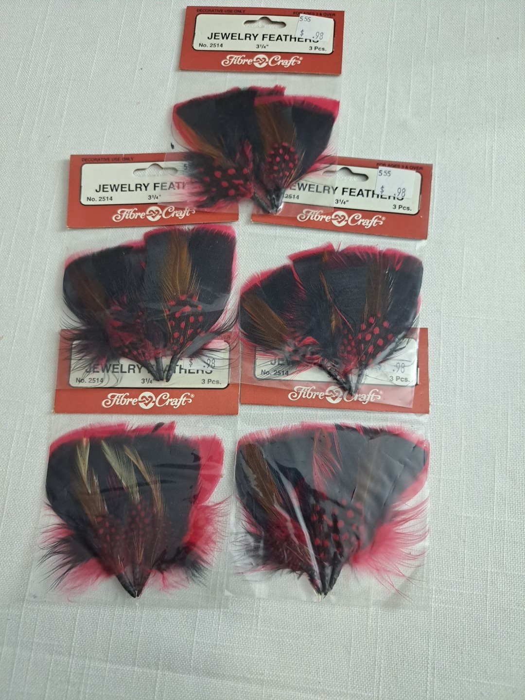 Vintage Fibre-Craft Jewelry Feathers Crafting Black, Pink, Brown 5 Sets Of 3