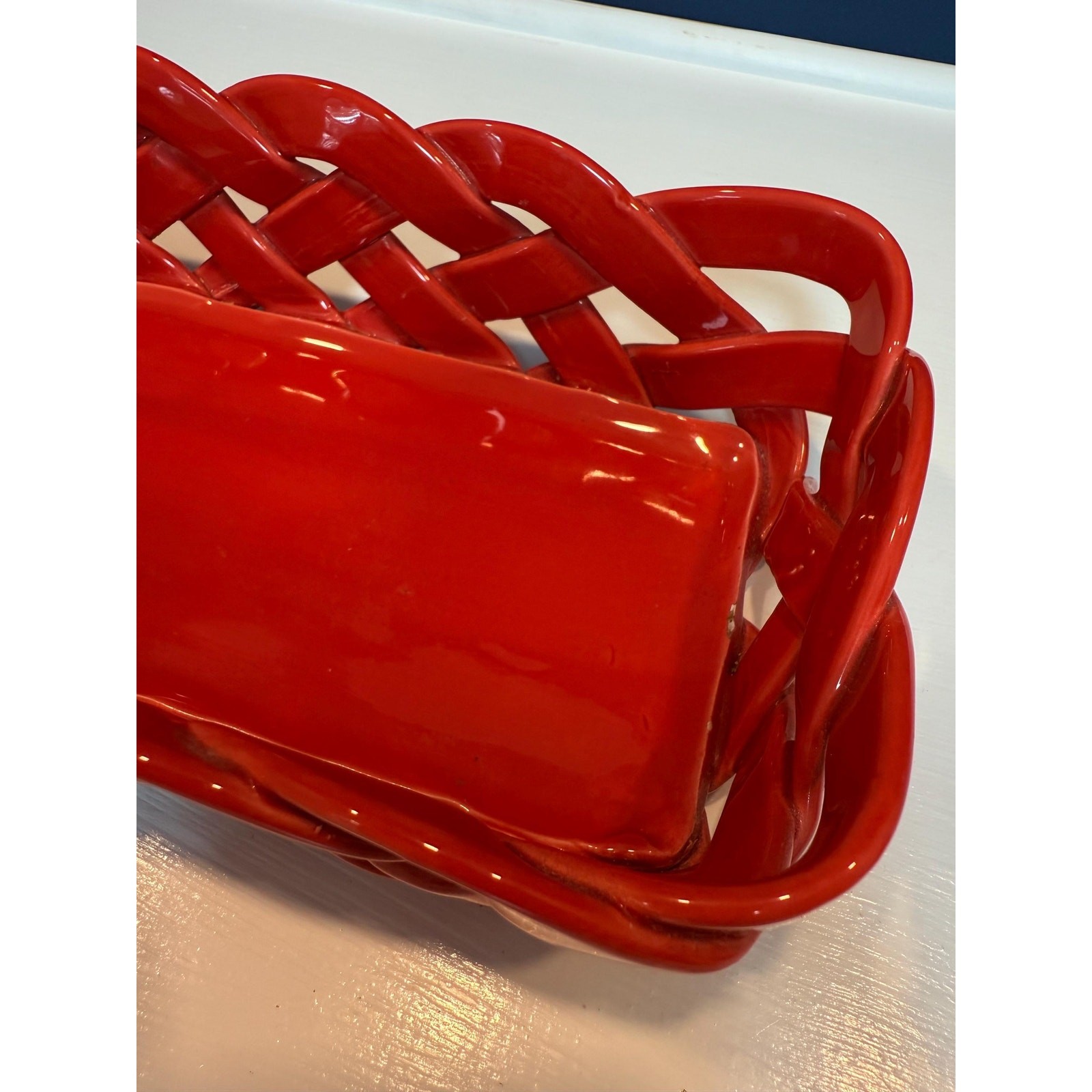 Vintage Primo Gi Red Ceramic Woven Bread Basket Italy Large Weave