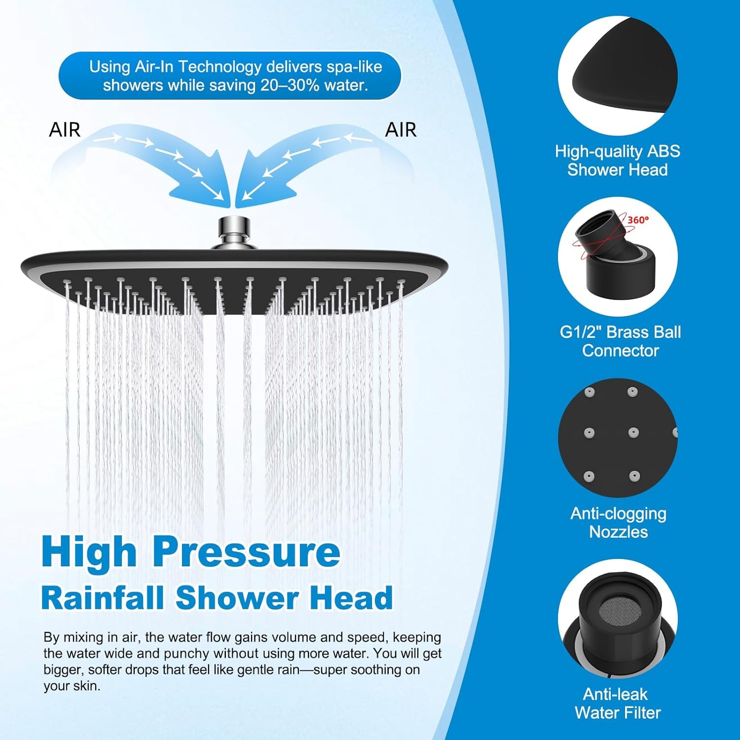 10" Black Rain Shower Head with Handheld, High Pressure Boosting Rainfall