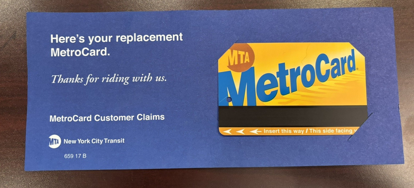 Collectible MTA replacement Metrocard w/accompanying insert from MTA (Expired)