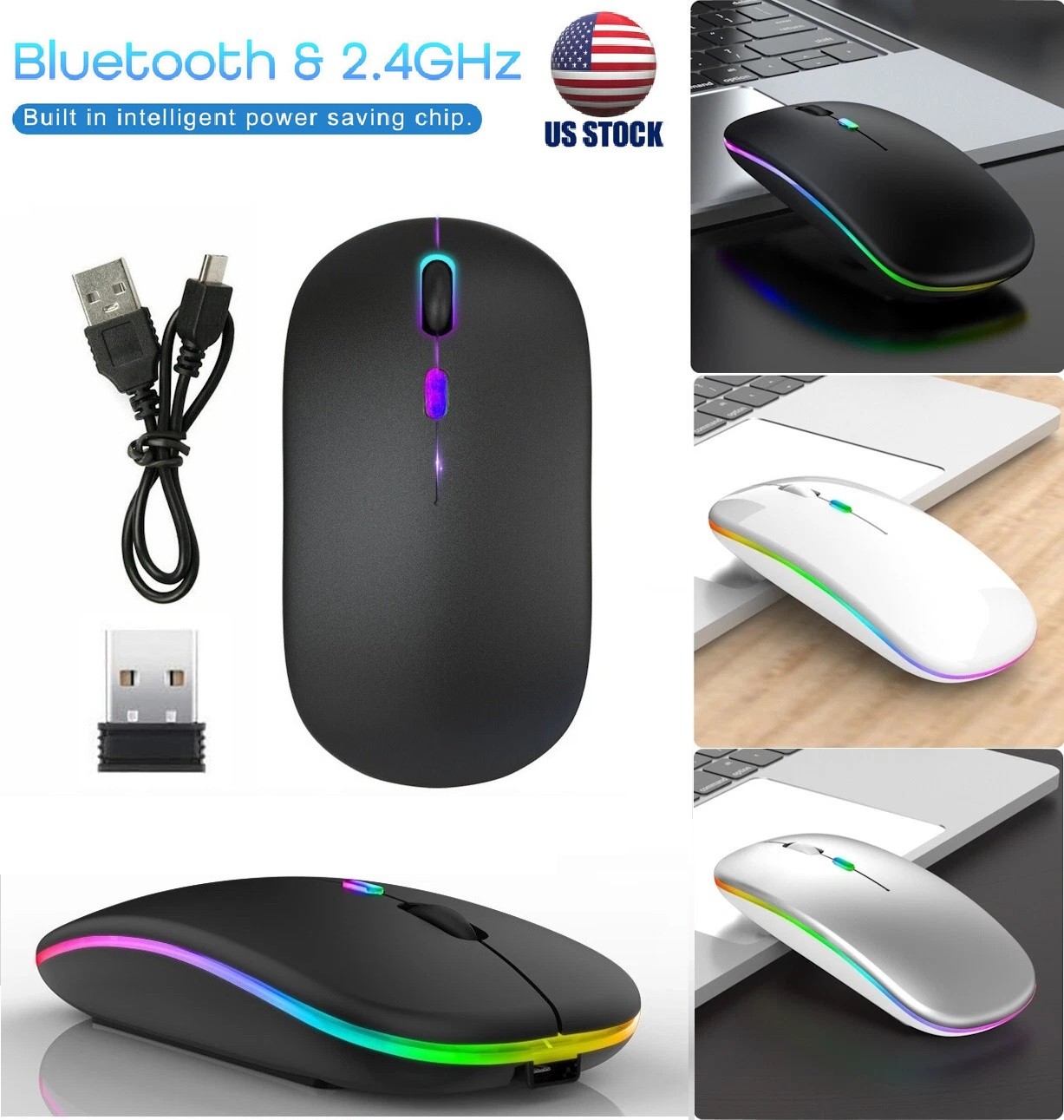 Rechargeable Slim Wireless Bluetooth 5.1 Mouse Dual Mode LED Mice iPad Laptop PC