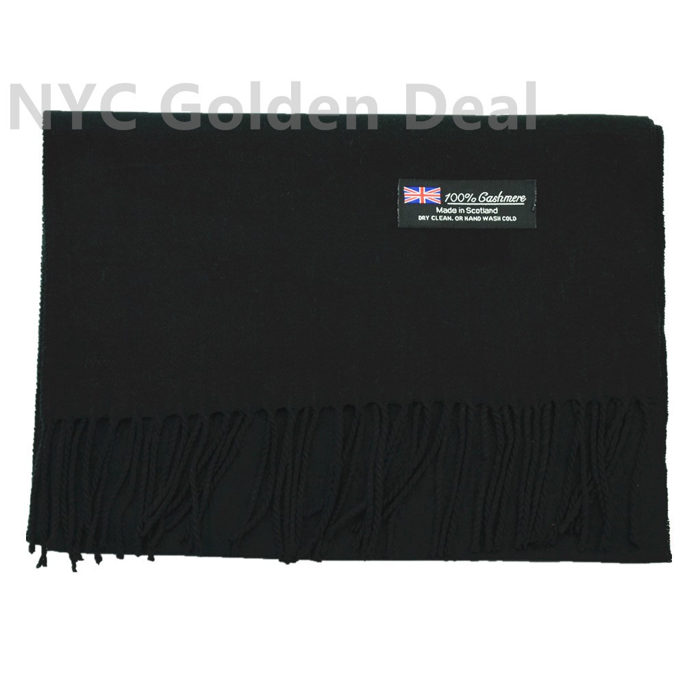 Men's 100% CASHMERE Warm PLAIN Scarf pure solid Black Wool MADE IN SCOTLAND
