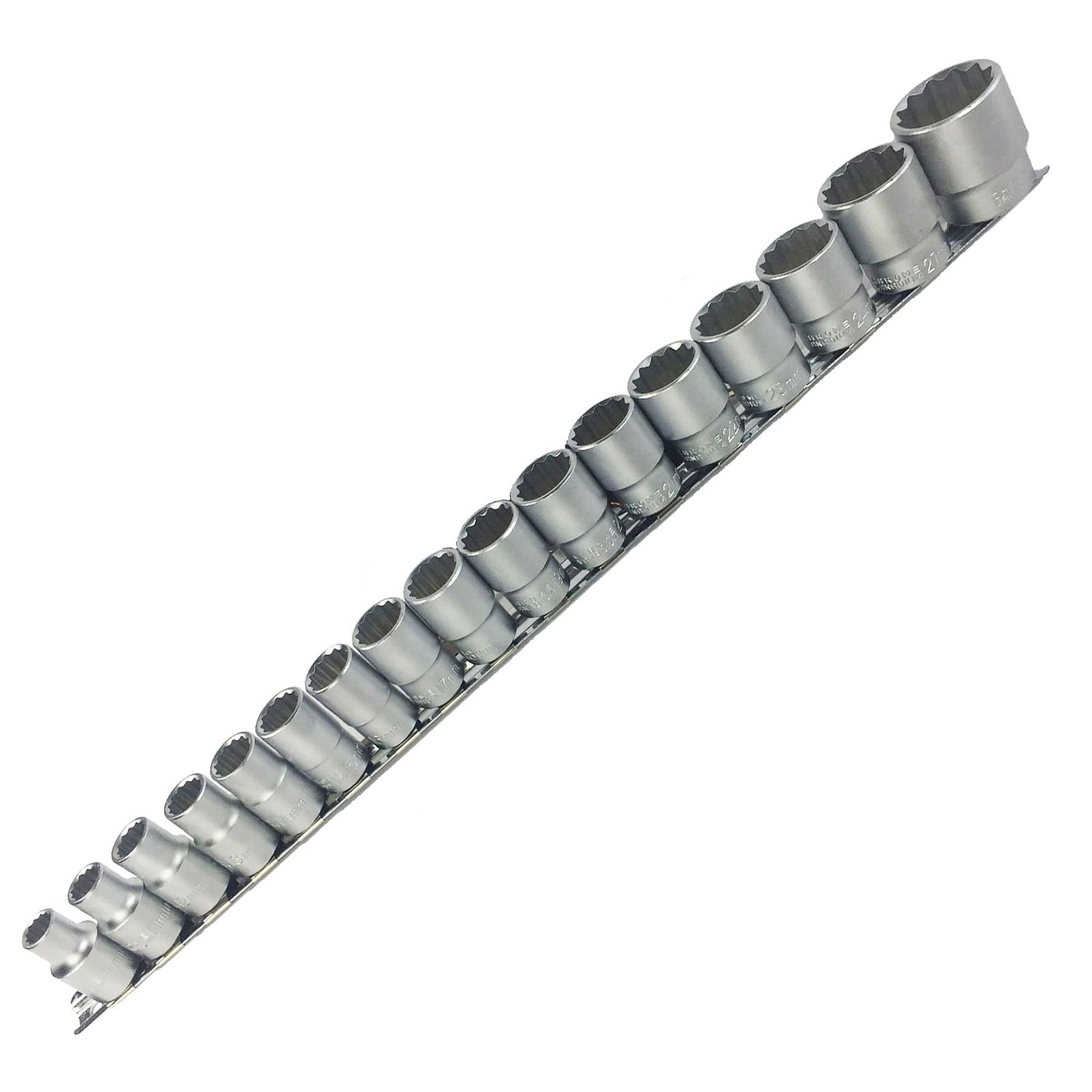 Metric Socket Set 1/2” Drive Shallow Socket 17pcs 10 – 30mm Set on Rail