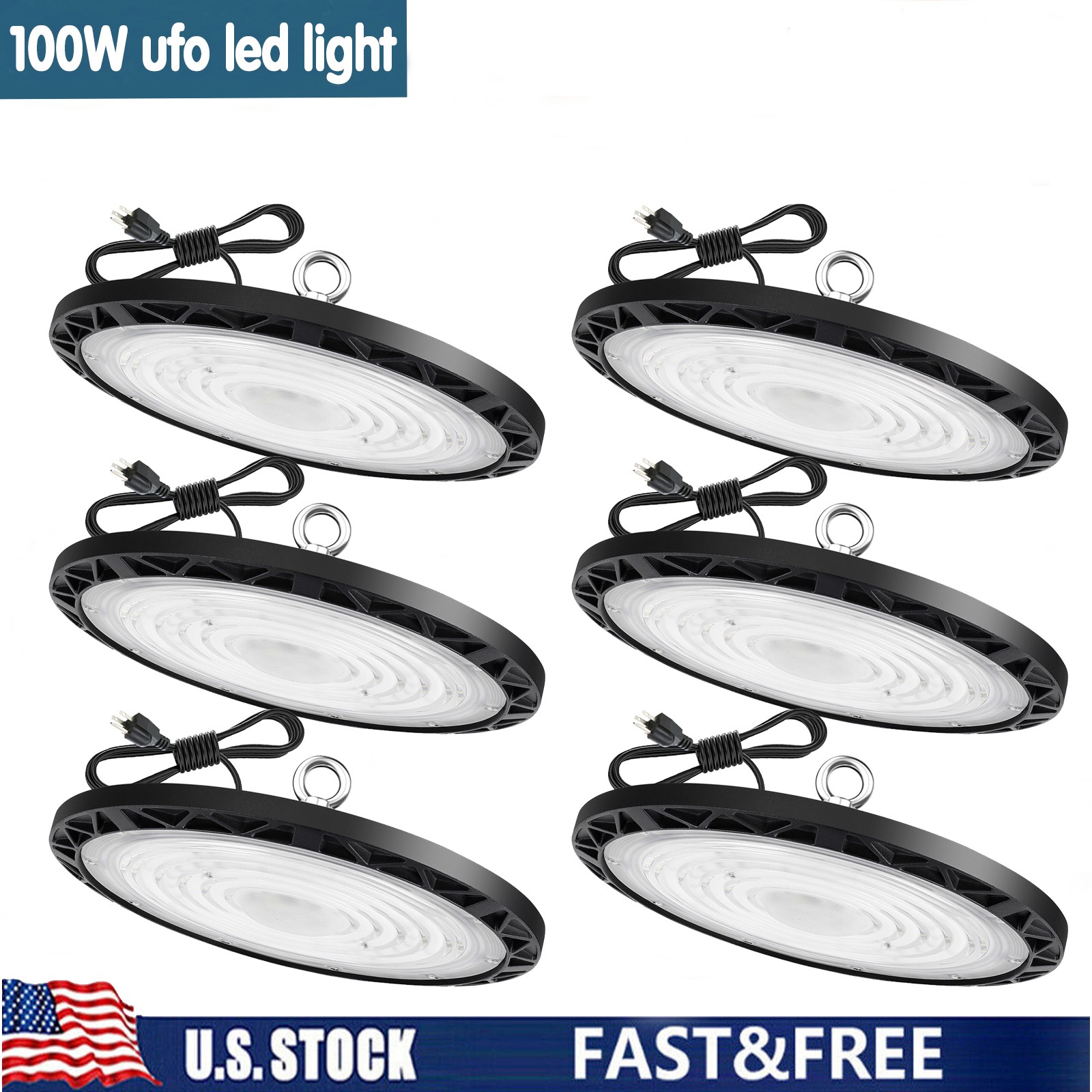 6Pcs UFO Led High Bay Light 100W Warehouse Factory Commercial Industrial 90-277V