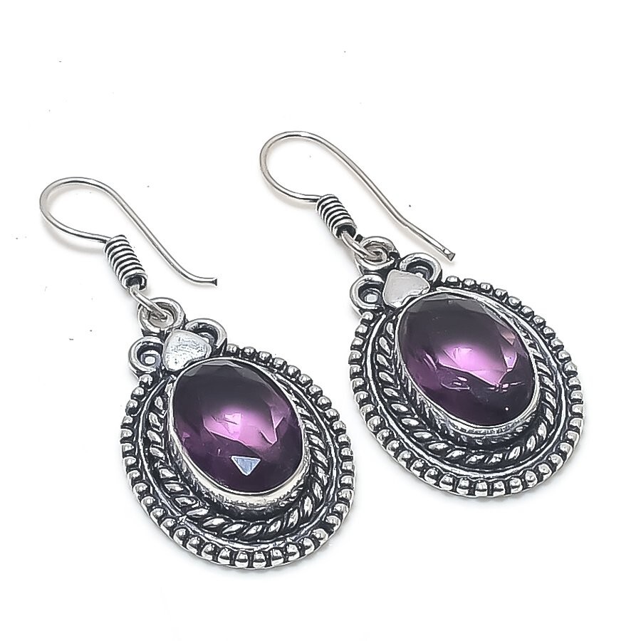 Purple Amethyst Gemstone Handmade 925 Sterling Silver Jewelry Earring Size 1.6''