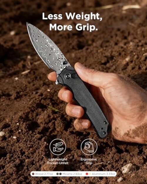 Damascus Folding Pocket Knife, 2.99" Blade Micarta Handle Sharp Cool Black