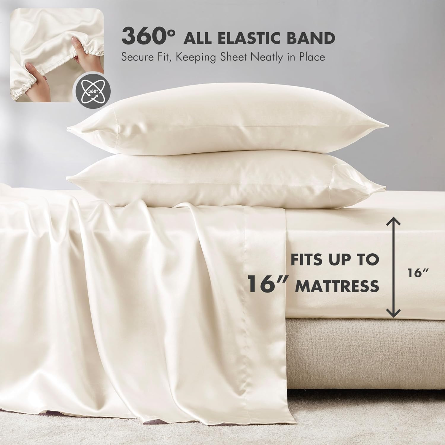 Essentials Polyester Satin 6 Piece Sheet Set with Ivory MPE20-904, Queen