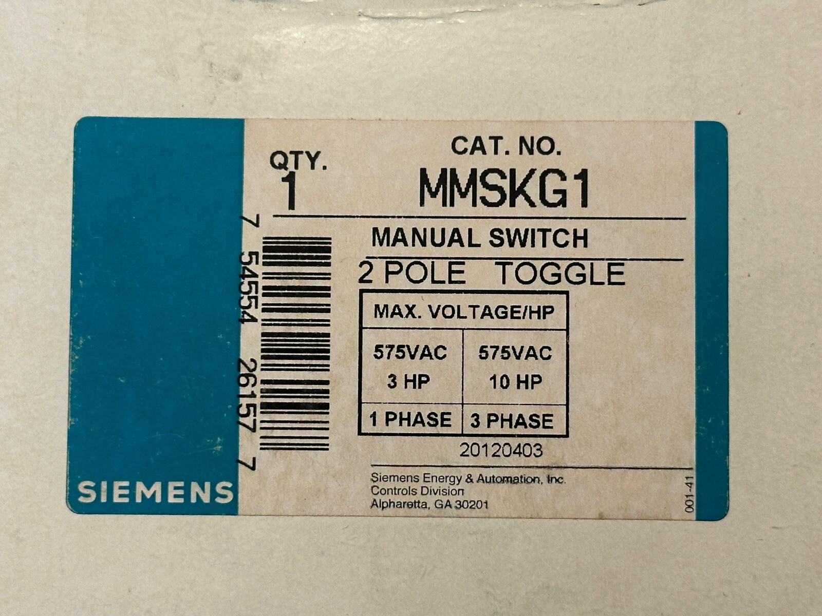 NEW Siemens MMSKG1, Manual Switch, Toggle, 2-Pole, Nema Type 1