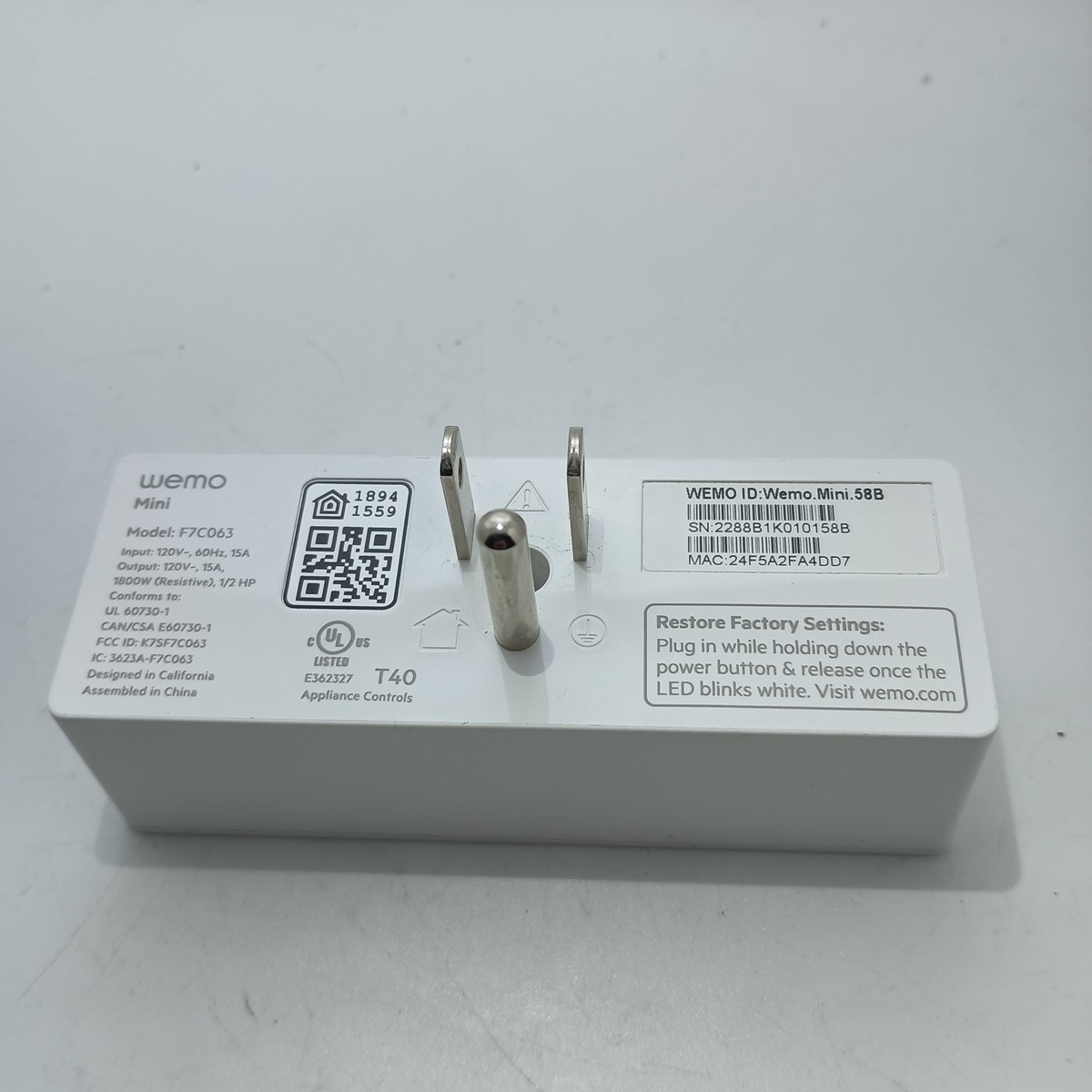 #A) WEMO WiFi Enabled Mini Smart Plug F7C063 Tested