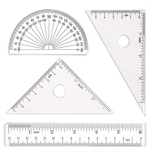 4 Pieces Math Geometry Tool Set Includes Plastic Clear Ruler, 6 inch