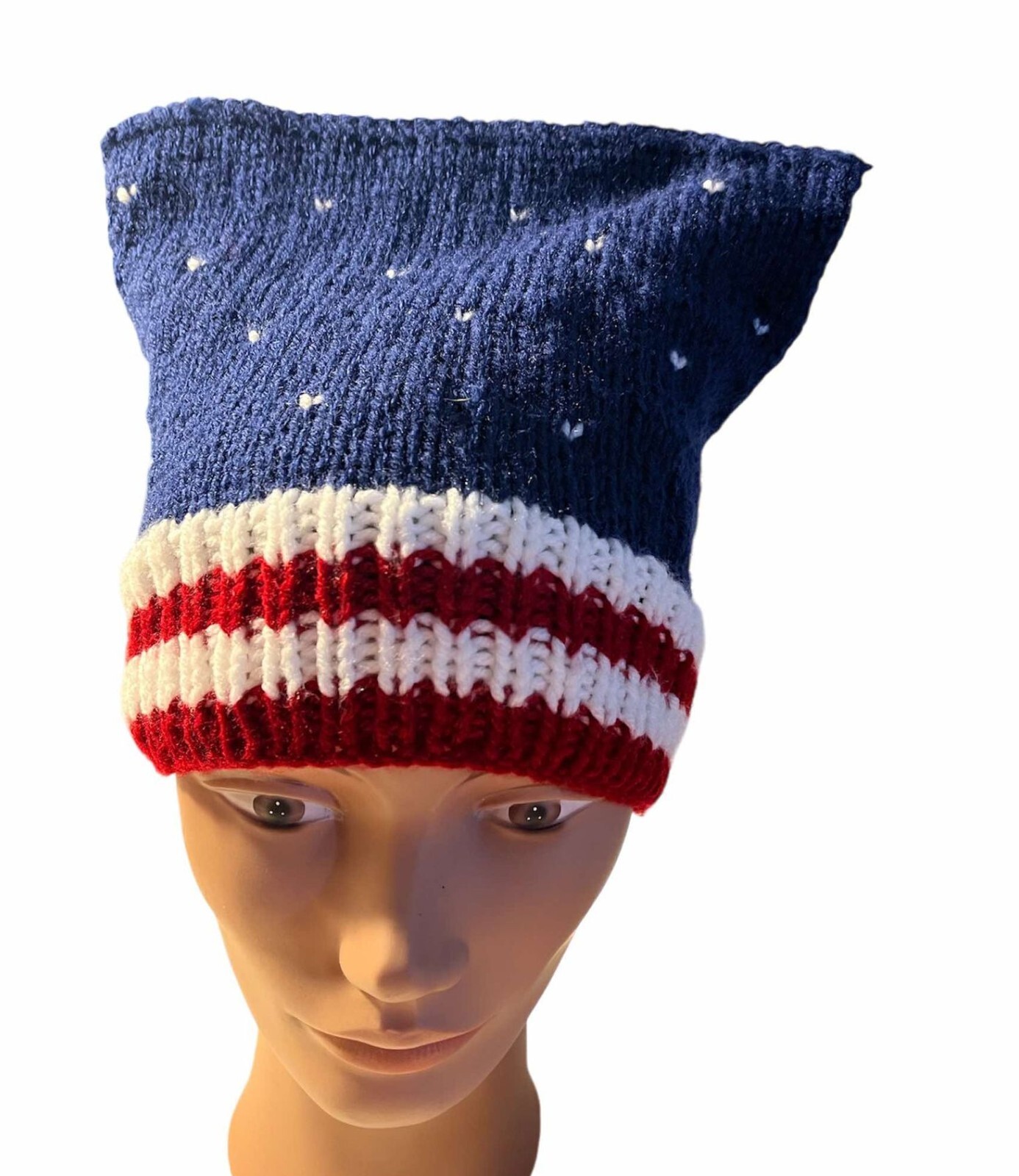 Patriotic Hat Hand knitted Starry Hat Red White and Blue Medium
