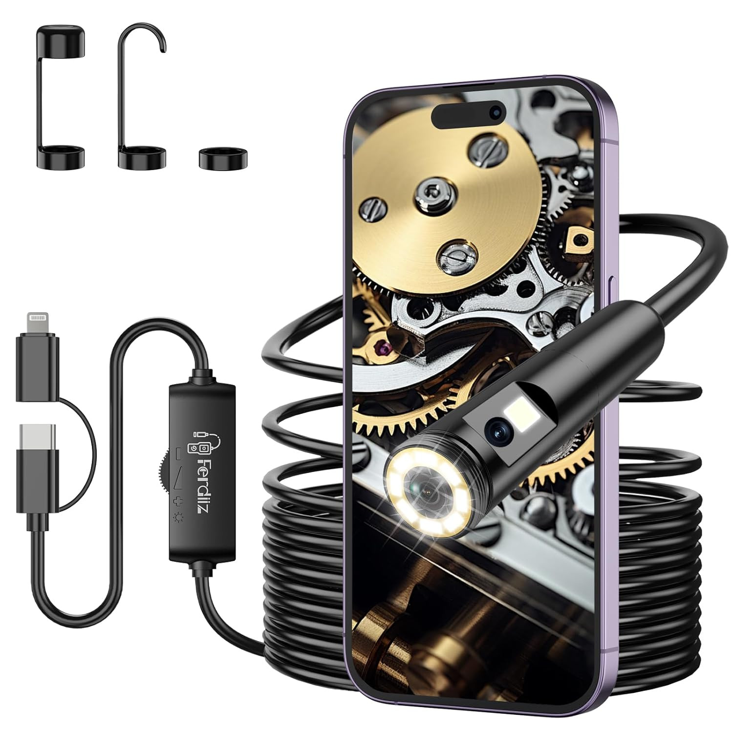 Dual Lens Endoscope Camera with Light, 1920P HD Borescope with 8 Adjustable L...