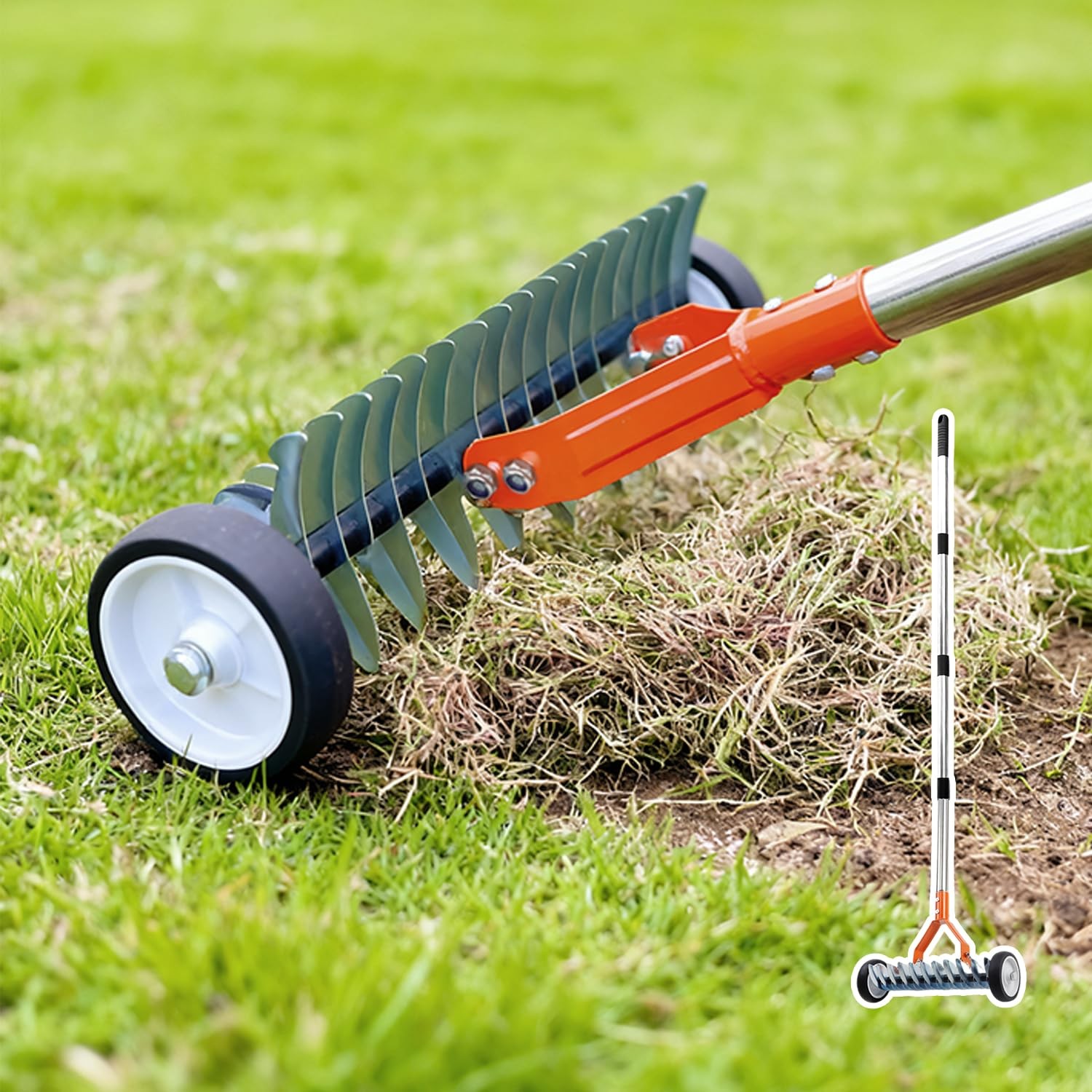 Wheeled Dethatching Rake for Lawn - 15" Heavy Duty Stainless Steel Thatch Rak...