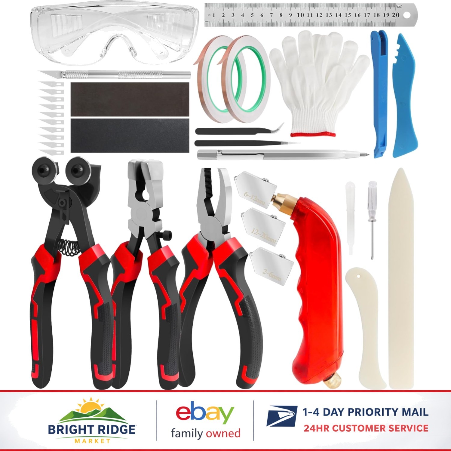 Versatile Stained Glass Cutting Supplies with Pliers, Ruler, and Gloves Included