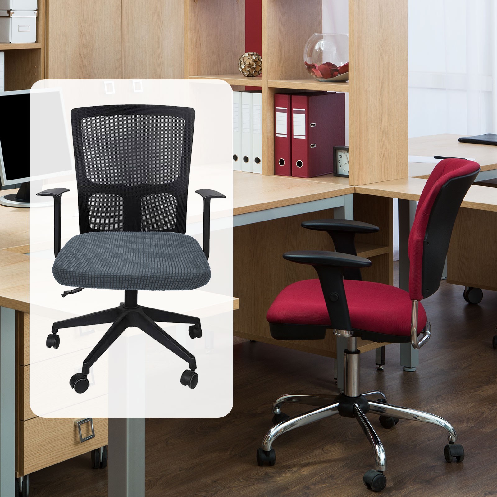 Office Chair Cover, Grid Computer Chair Seat Cover, L(45-48cm), Dark Gray