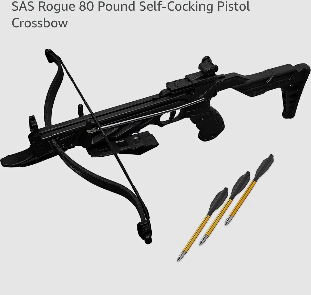 SAS Rogue 80lb Self-Cocking Pistol Crossbow w/ Bolts Black Men Women
