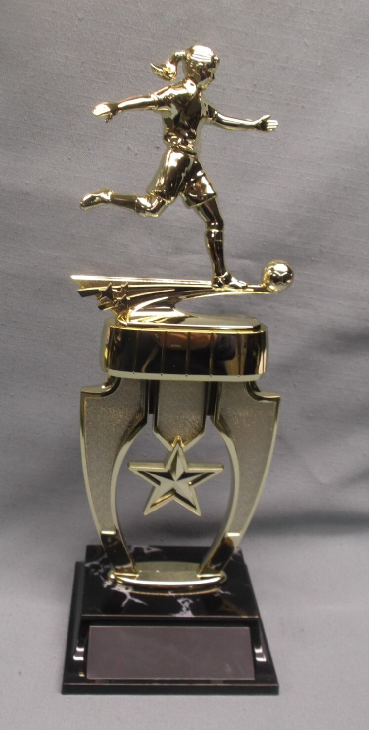 female kicker soccer trophy award star riser weighted black base