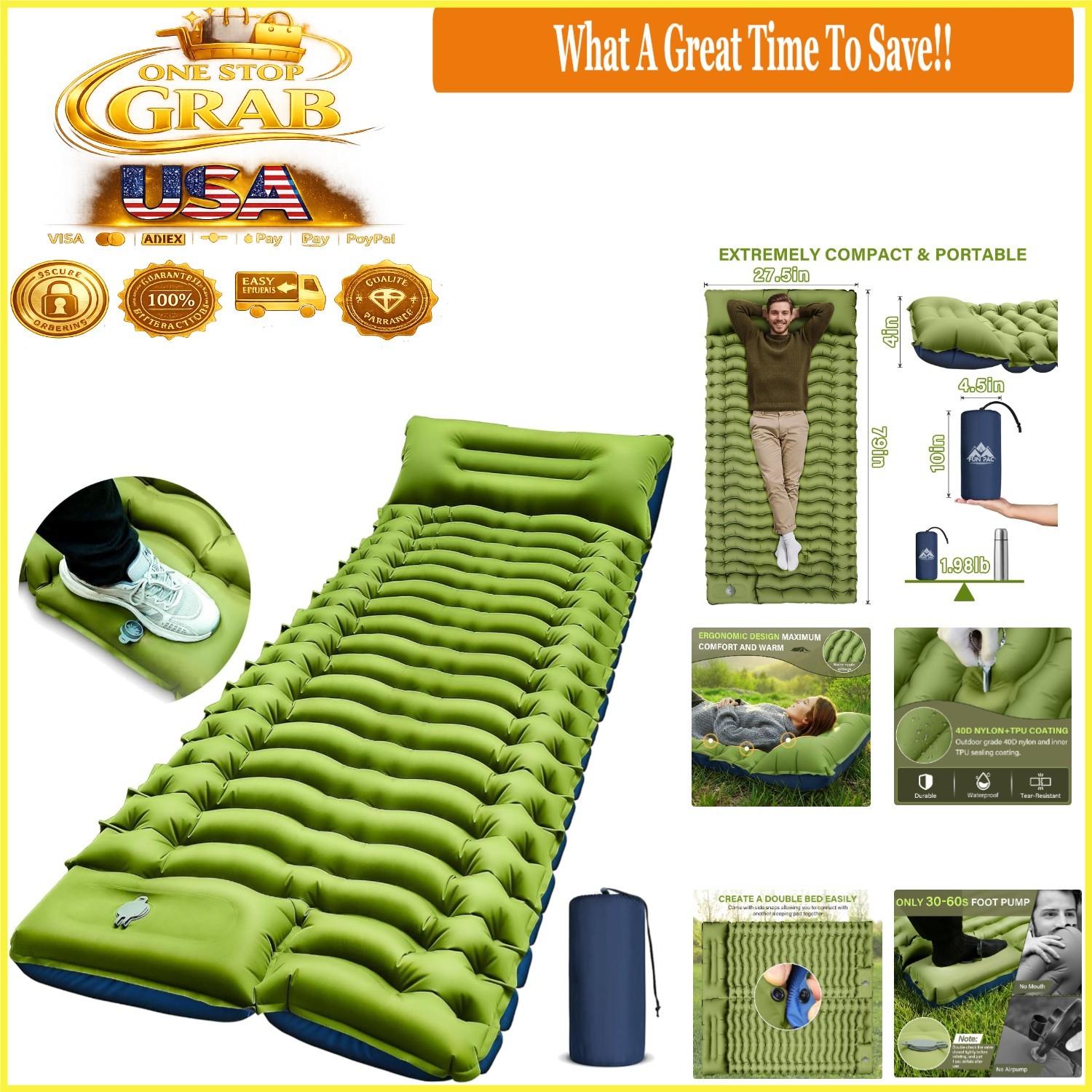Ultralight Camping Sleeping Pad with Pillow Built-in Foot Pump Green