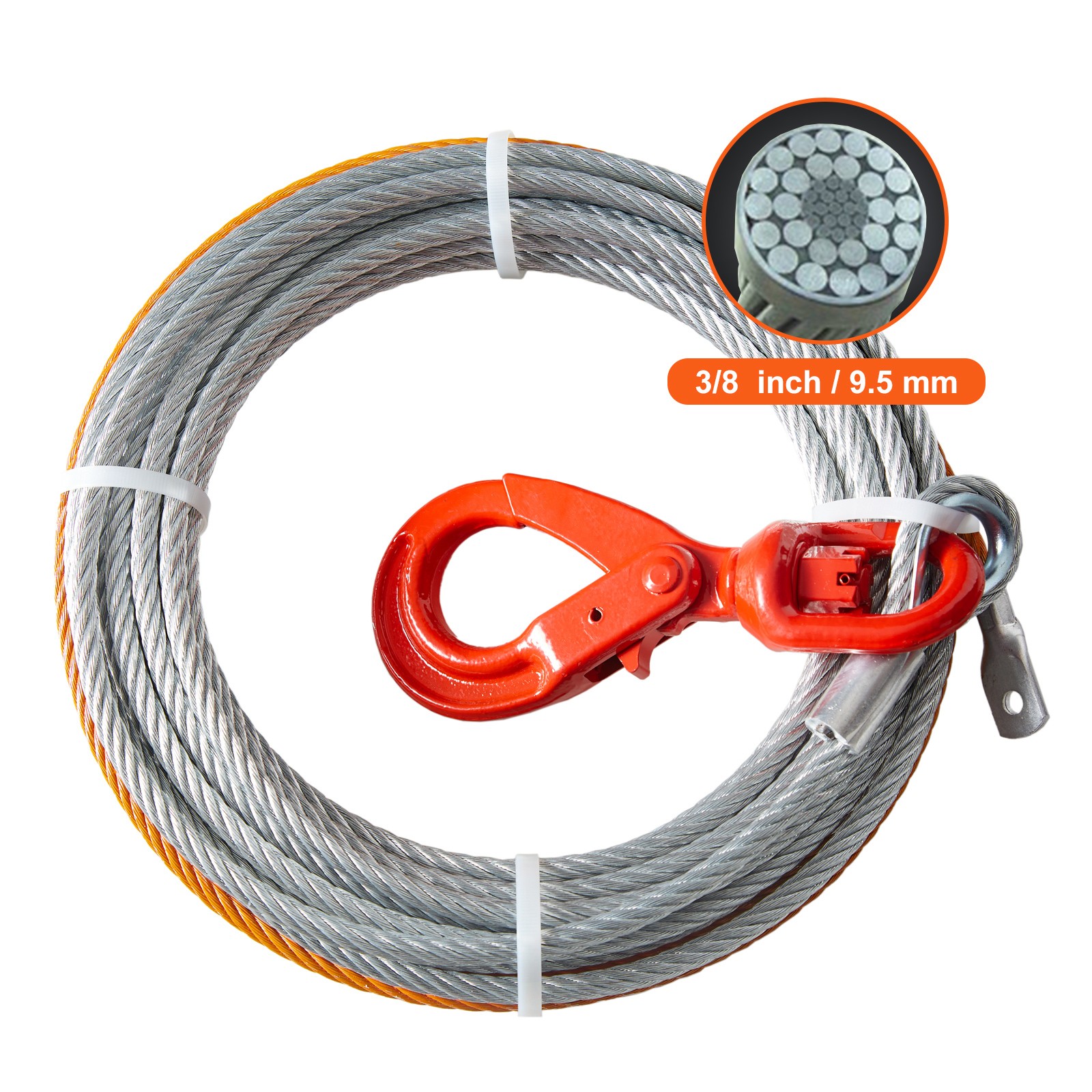 3/8"x75' Winch Cable Steel 15200lb Core Wire Rope Self Locking Swivel Hook