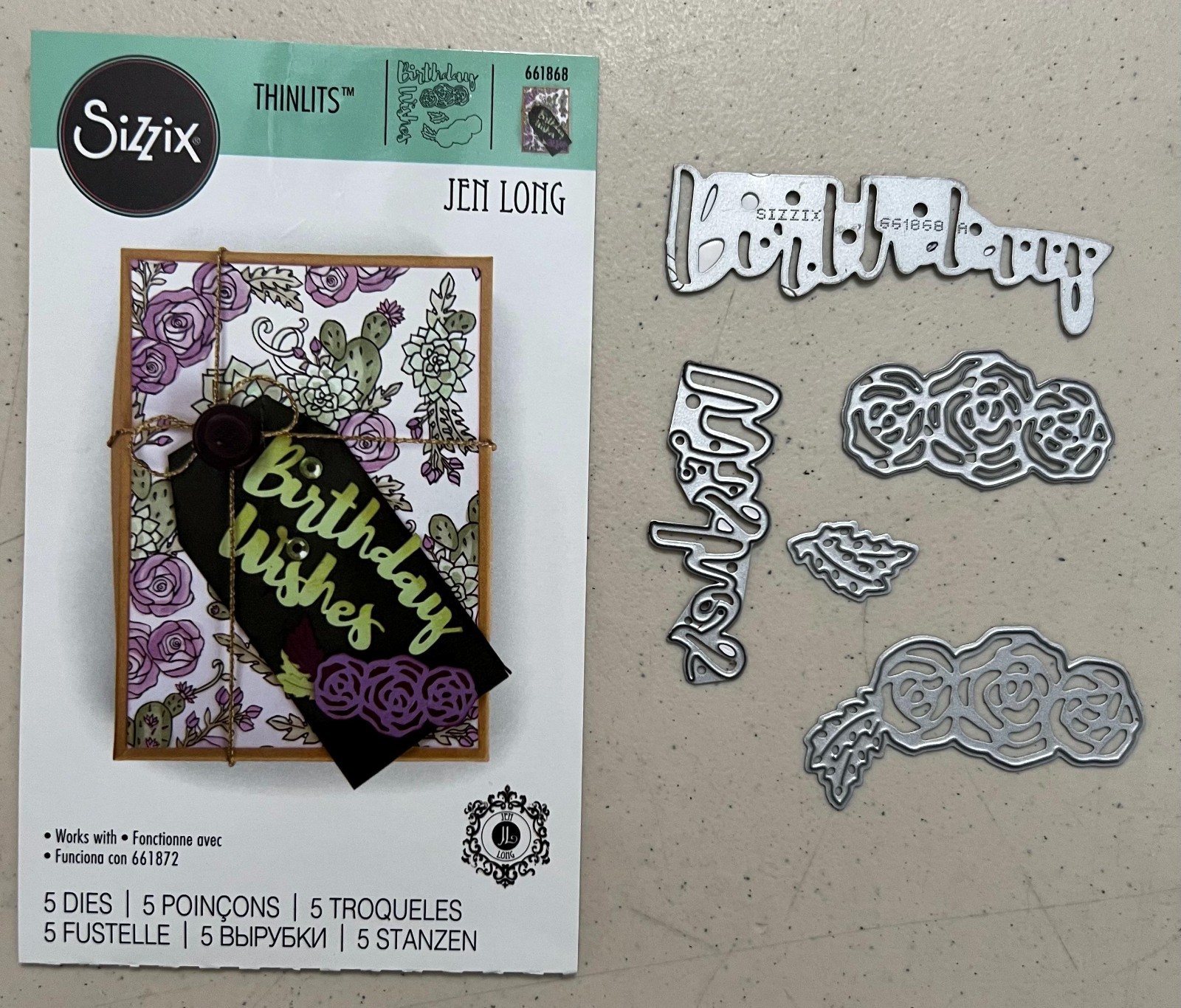 Sizzix Thinlits Jen Long BIRTHDAY WISHES metal die cuts floral 5 pcs