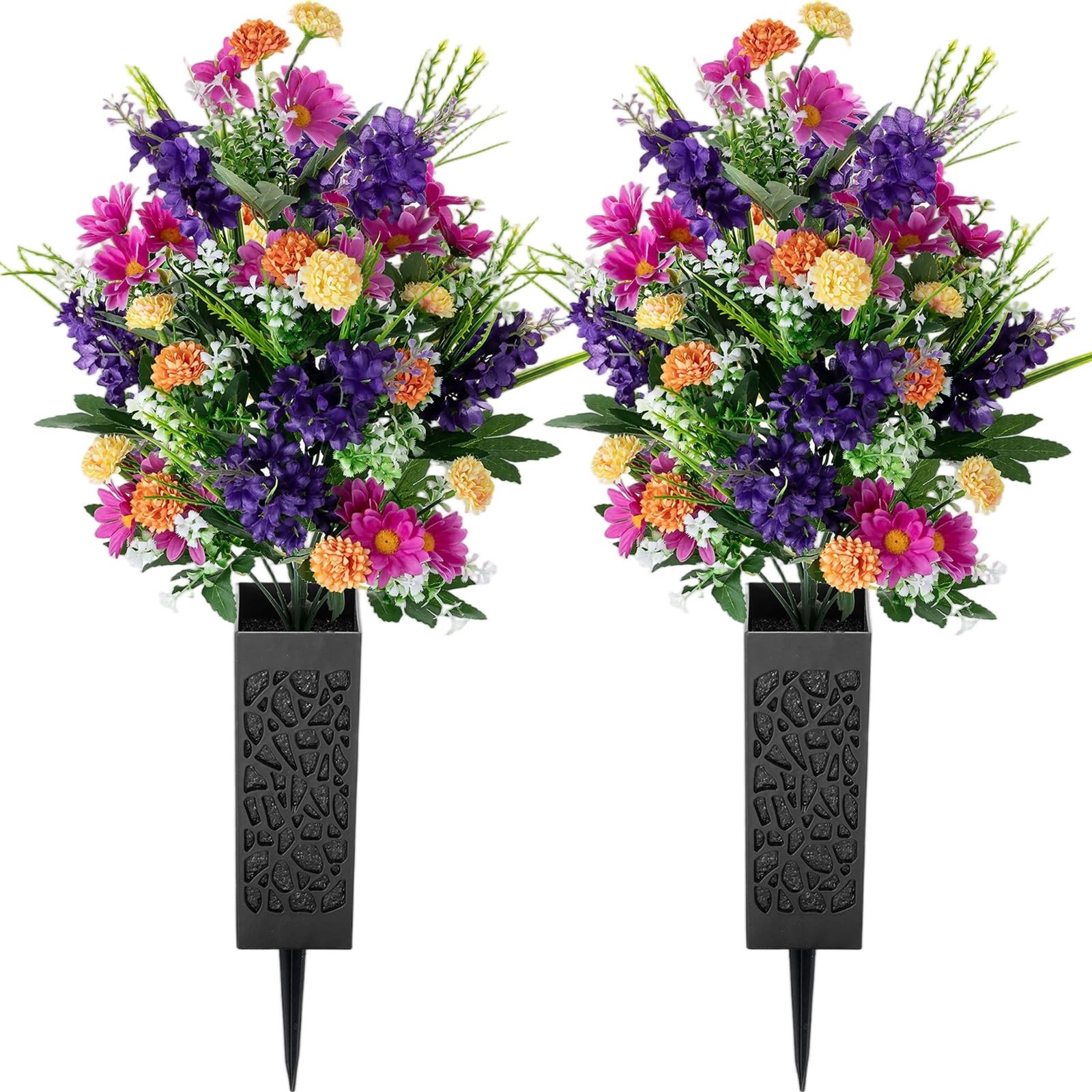 Memorial Day Flowers Cemetery Outdoor Grave Decorations 2 Pcs Purple Violet Mums