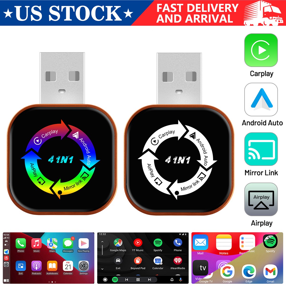 4 IN 1 Wireless Carplay Android Auto USB Dongle Mirror Link Adapter Plug & Play！