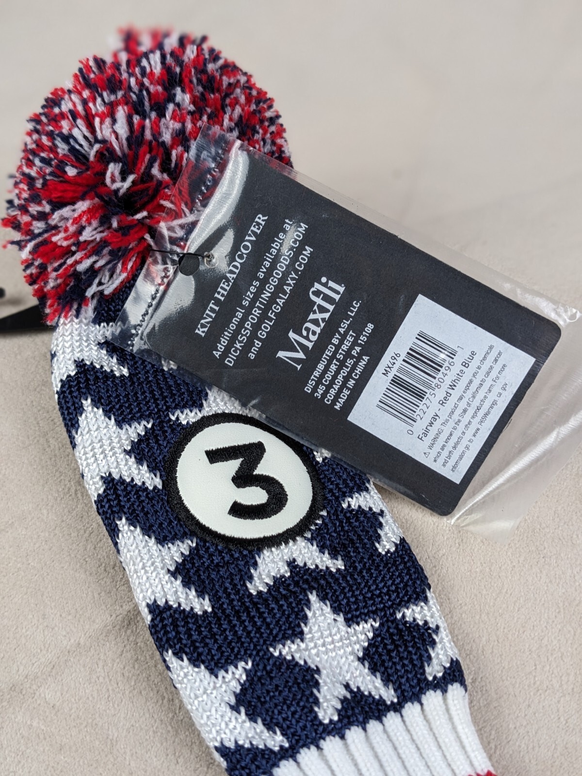 Maxfli 3 Fairway New Knit Head Cover MX496 Red White Blue American Flag