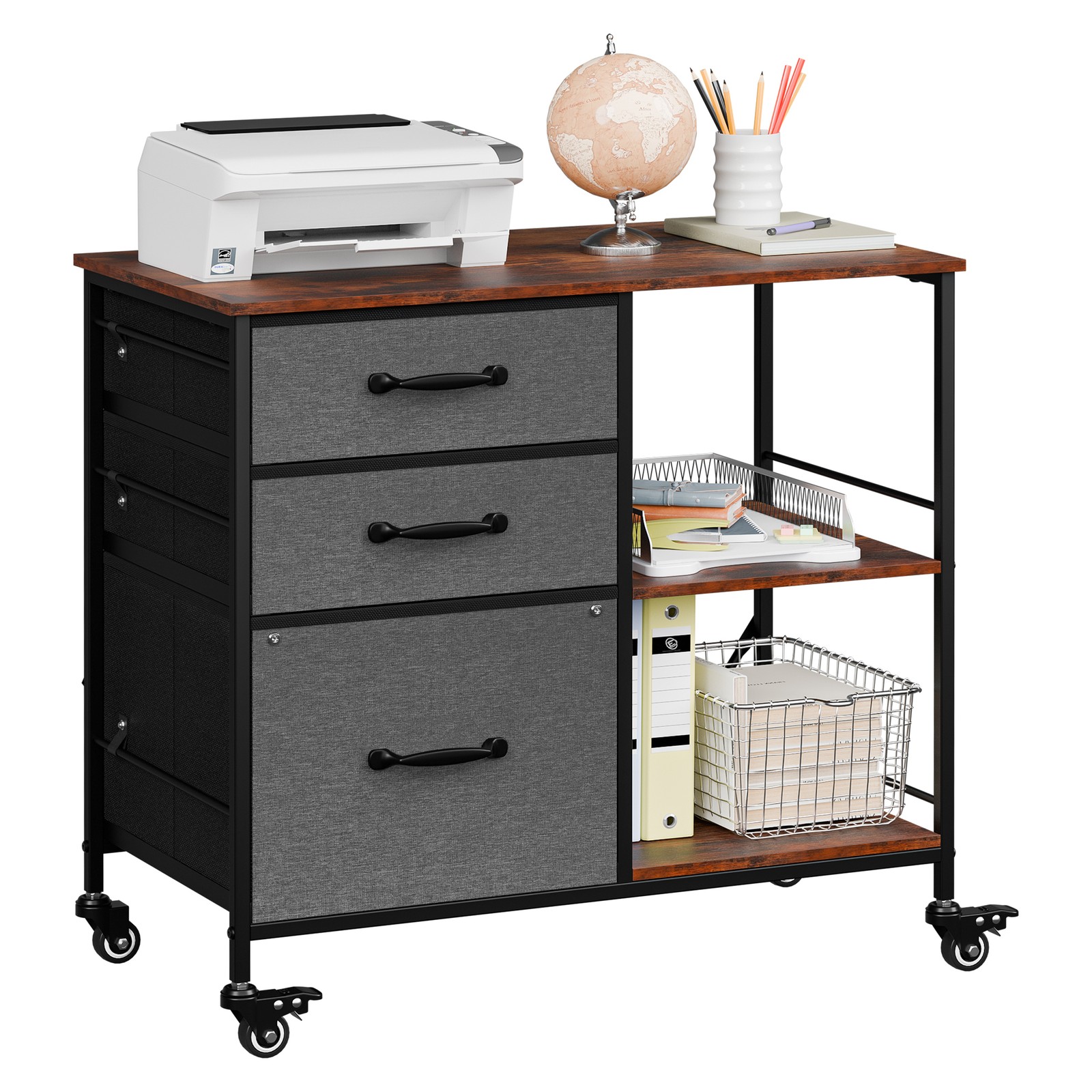 File Cabinet Rolling Printer Stand w/ Open Shelf Lateral Cabinet Dark Gray