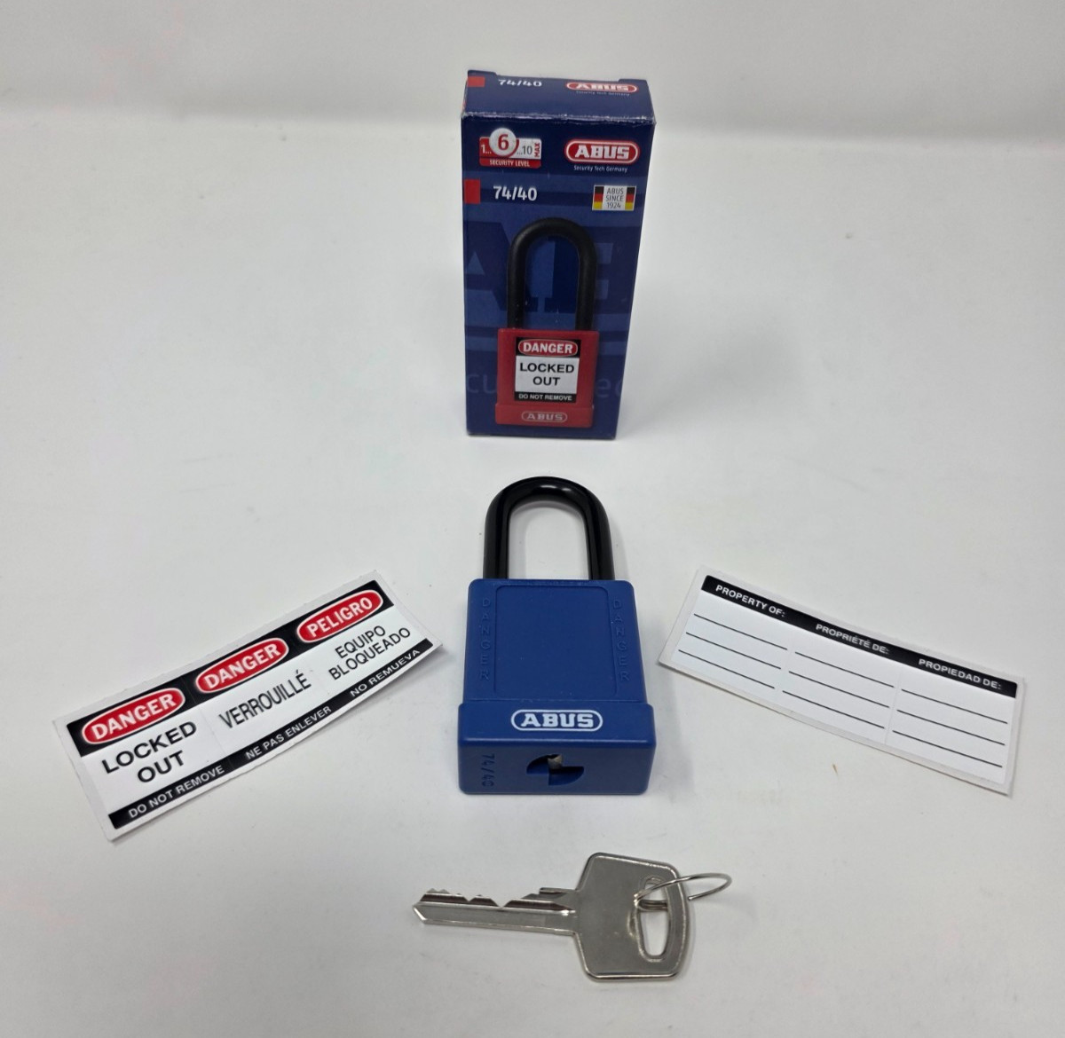 NOS Abus 74/40 Blue Lockout Tag Out LOTO Padlock with Key & labels.