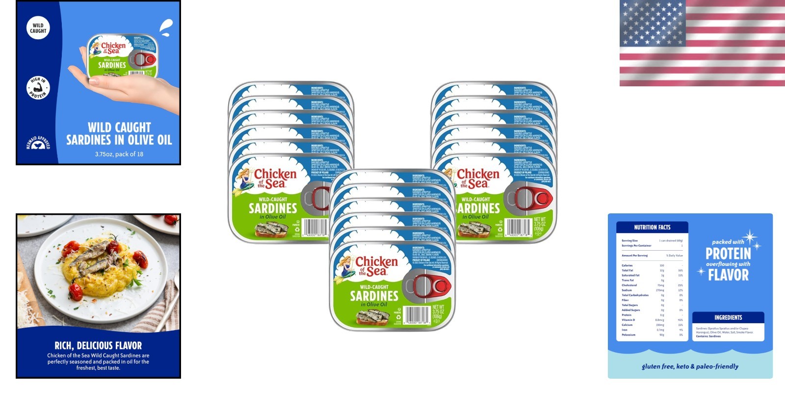 Sardines in Olive Oil, 3.75 Oz. Cans (Pack of 18), Wild Caught Canned Sardines,