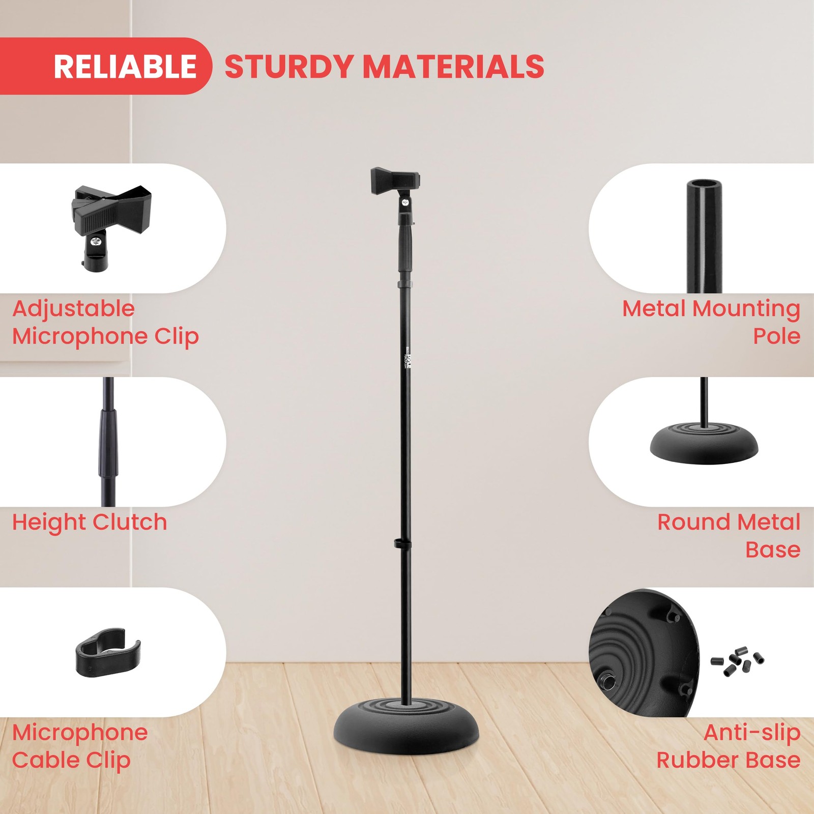 Pyle Adjustable Height Mic Stand, 36.2" - 63.7” Universal Mic Holder (Black)