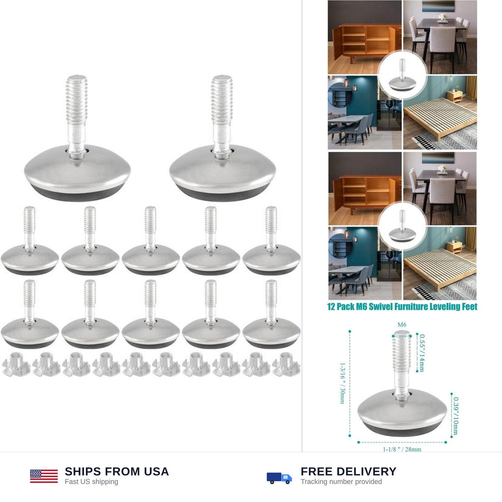 Bivethoi M6 Furniture Leveling Feet, 12 Pack, 1-3/16 Inch OD | Adjustable, He...