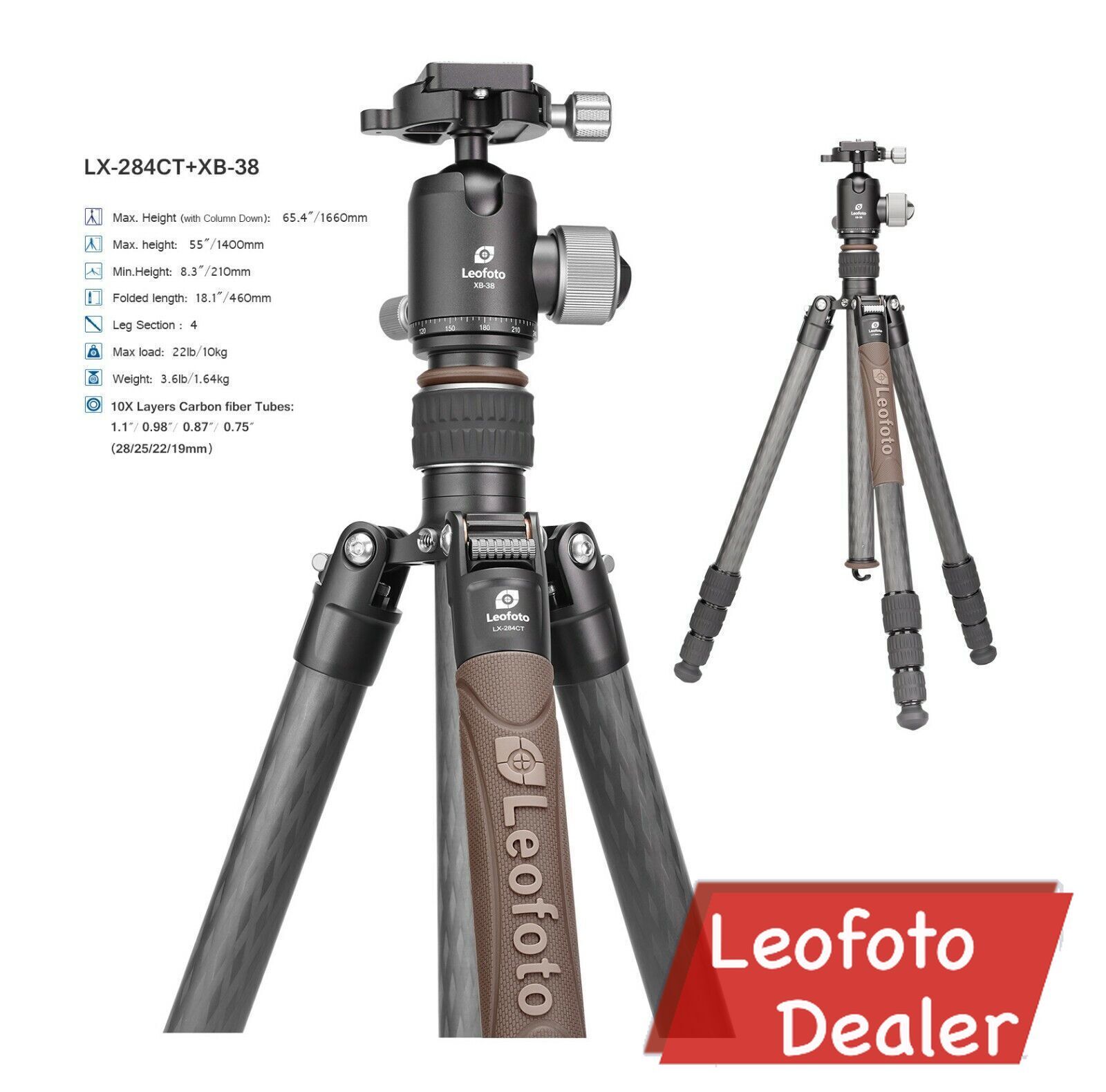 Leofoto LX-284CT + XB-38 Reversible Travel Tripod with Ball Head