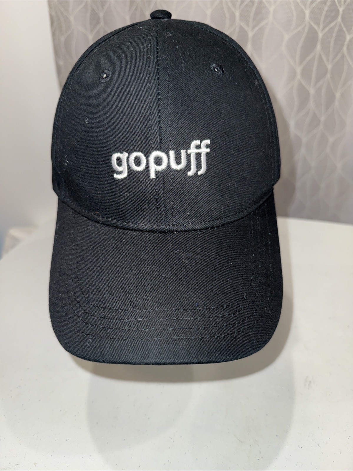 Gopuff in white on black hat cap Strap buckle