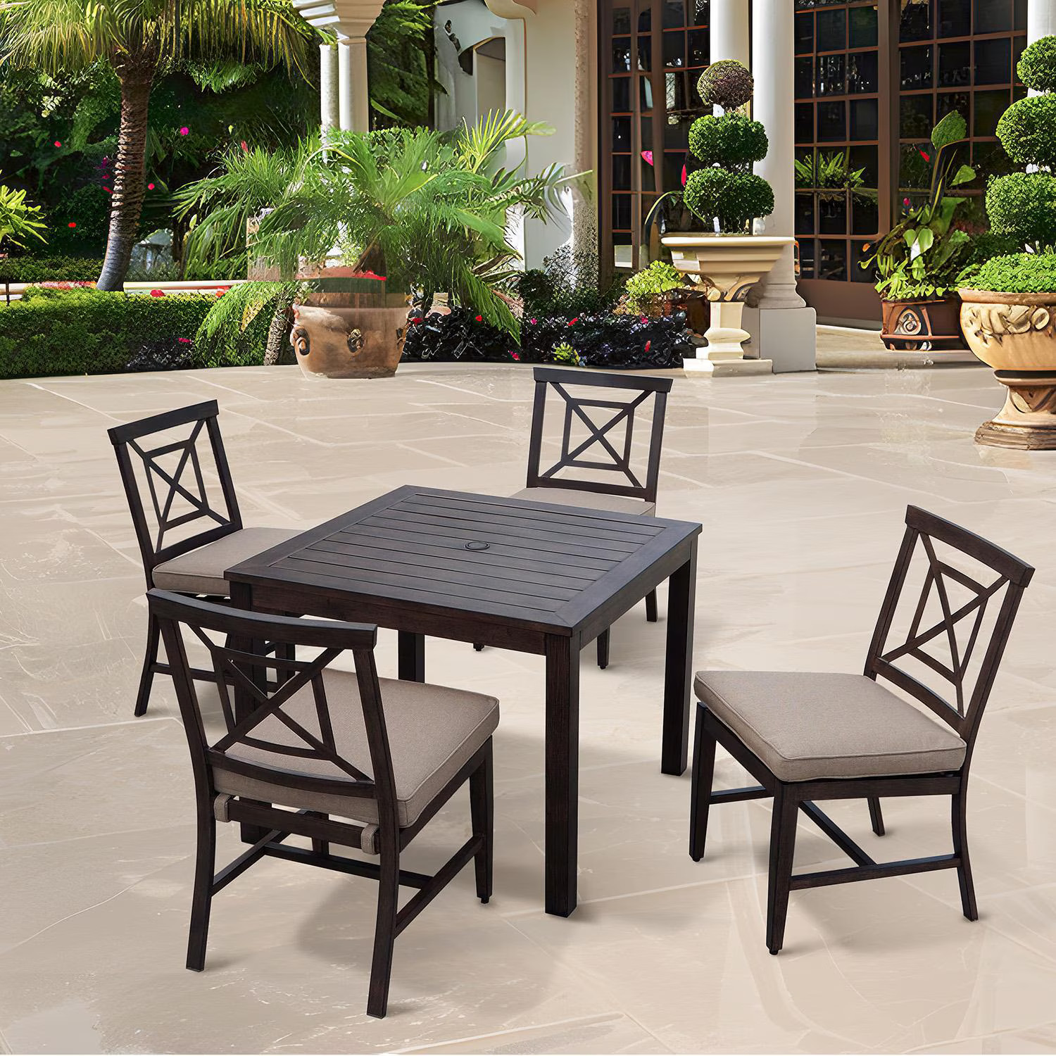 Atlantis 5 Pc Aluminum Dining Set 37 Inch Table in Walnut/Beige by Darlee