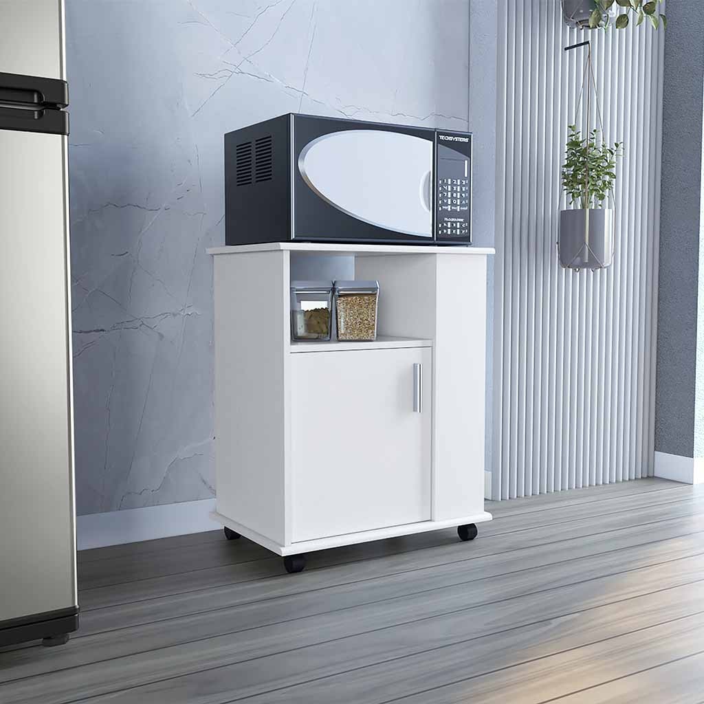 Newark White Kitchen Cart with Three Side Shelves, Rolling Utility Cart