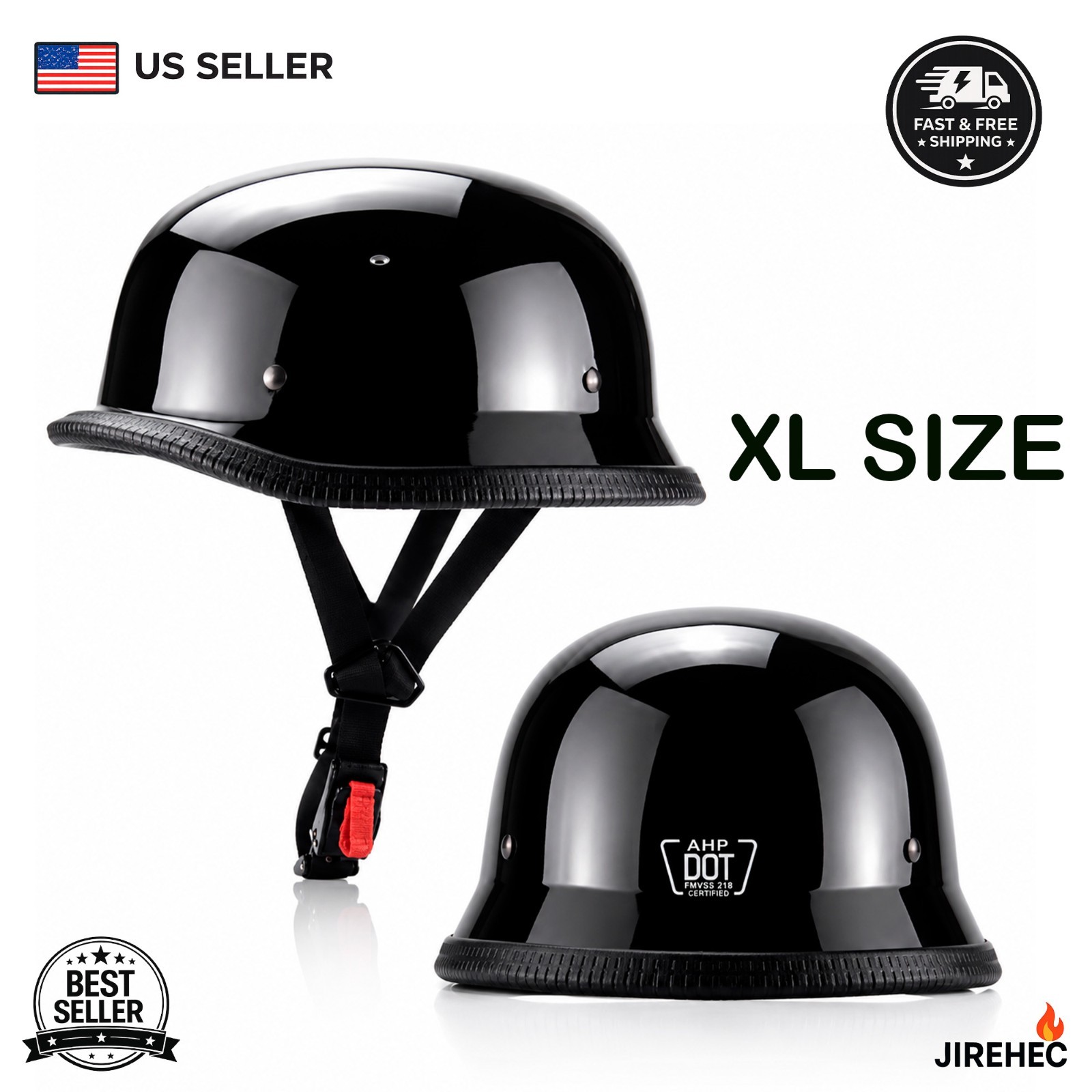 DOT German Motorcycle Half Helmet Scooter Chopper Helmet Casco Glossy Black, XL