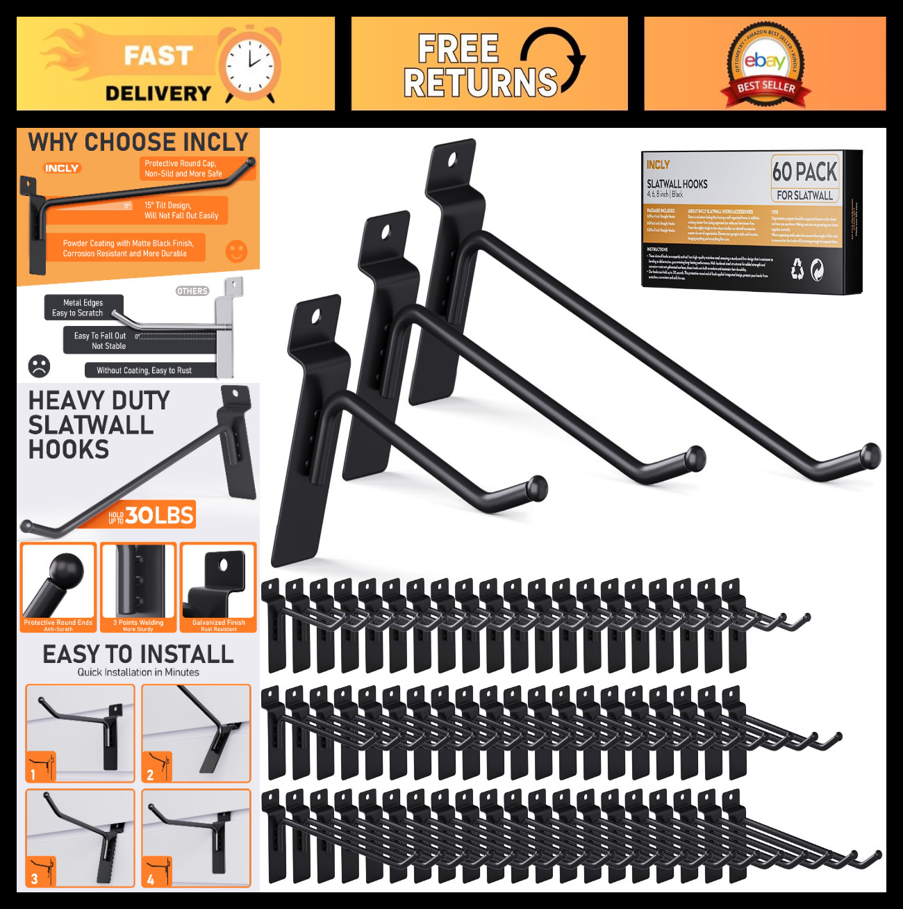 60 Pack Heavy Duty Slatwall Hooks - 4/6/8 Inch Black Display Hangers for Retail