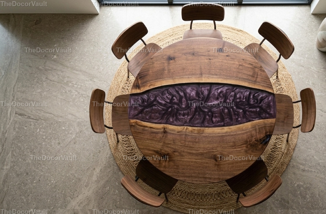 Round Walnut Purple Epoxy River Dining Table Top Live Edge Wood Handmade table