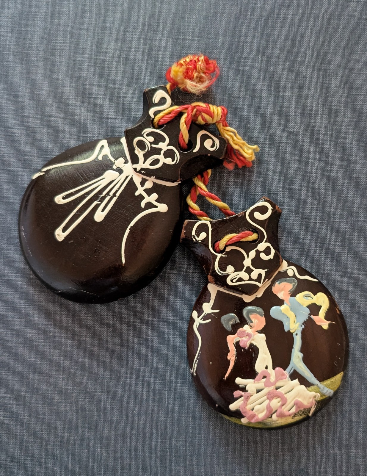 Vintage Wooden Castanet Hand Painted Carved Flamenco Dancers