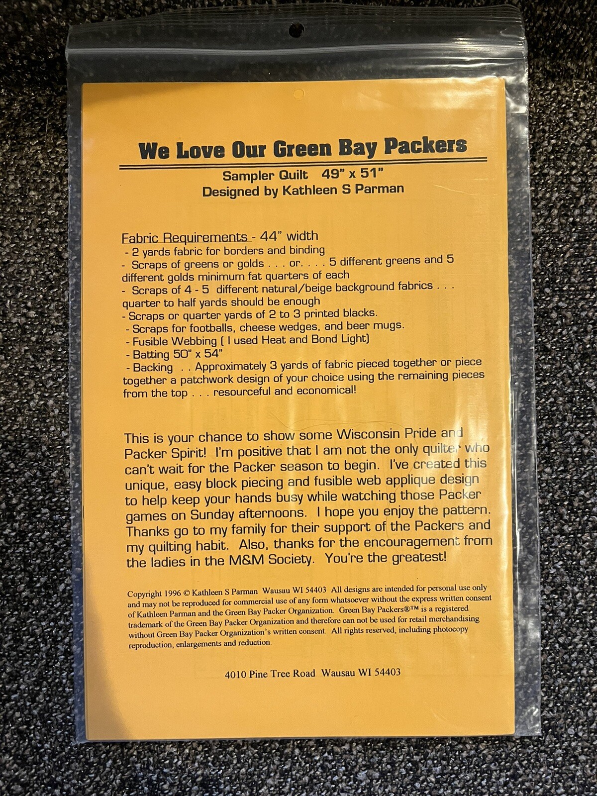 Green Bay Packers Sampler Quilt Pattern-by Kathleen Parman 49”x51”
