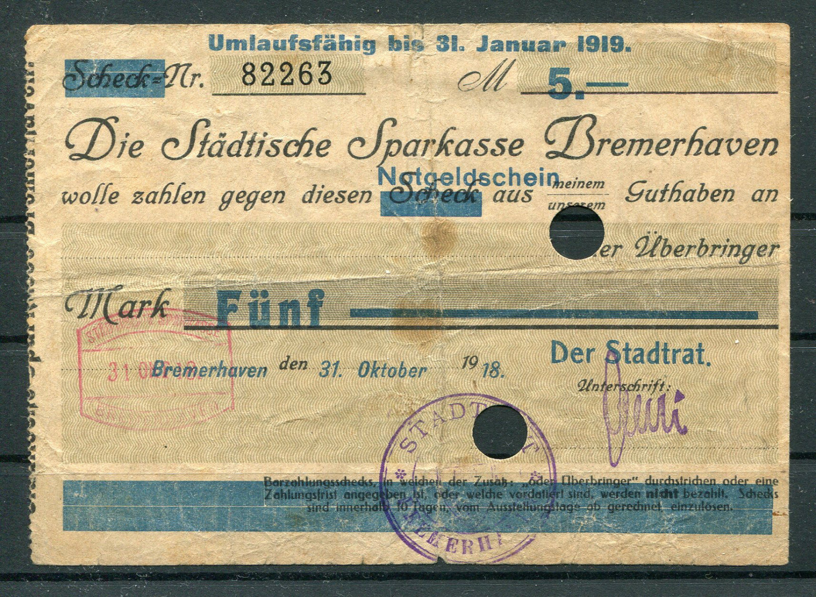 Bremerhaven City 5 Mark Notgeld Banknote Germany 2/10376