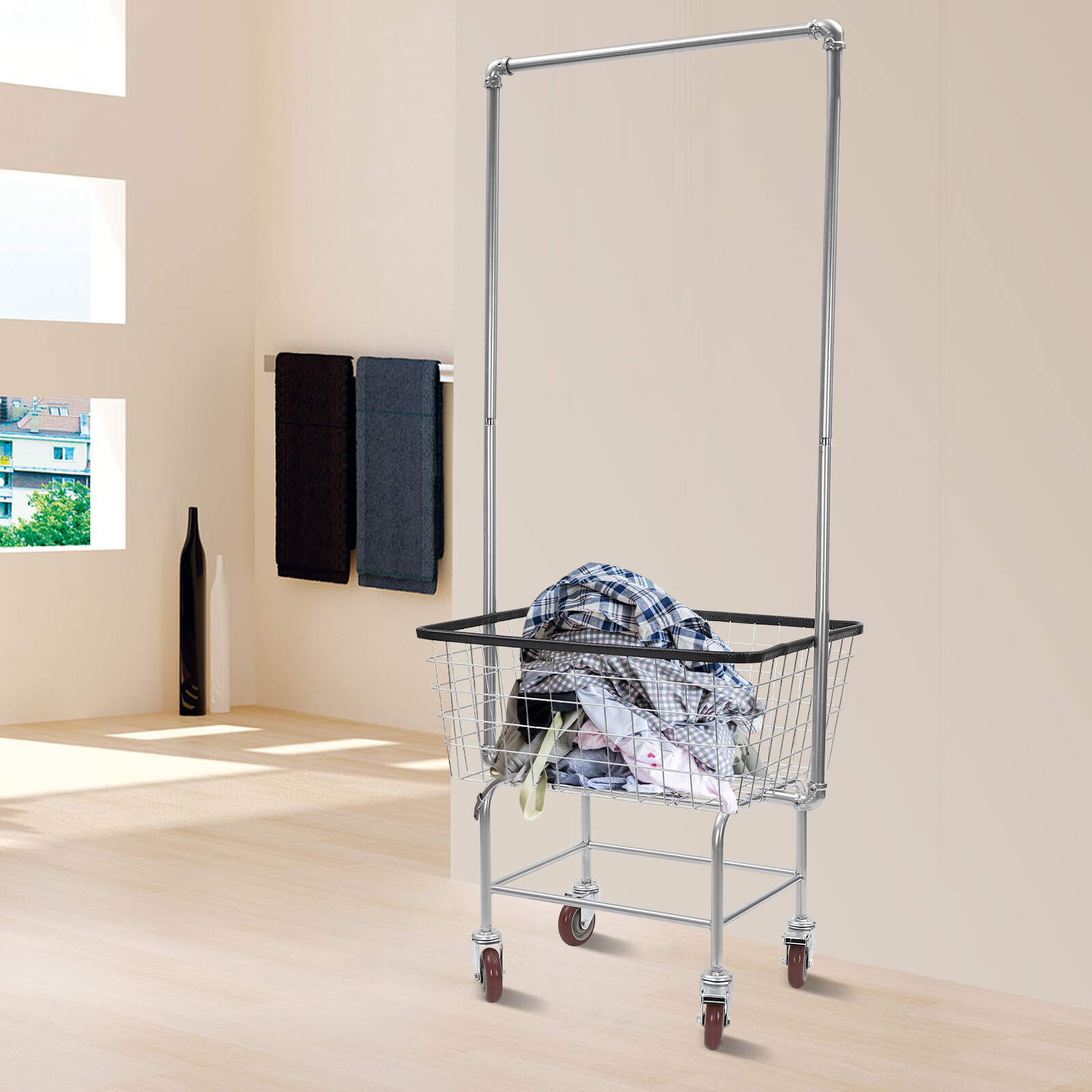 Steel Wire Laundry Cart Laundry Basket W/ Wheels Commercial Laundry Basket Cart