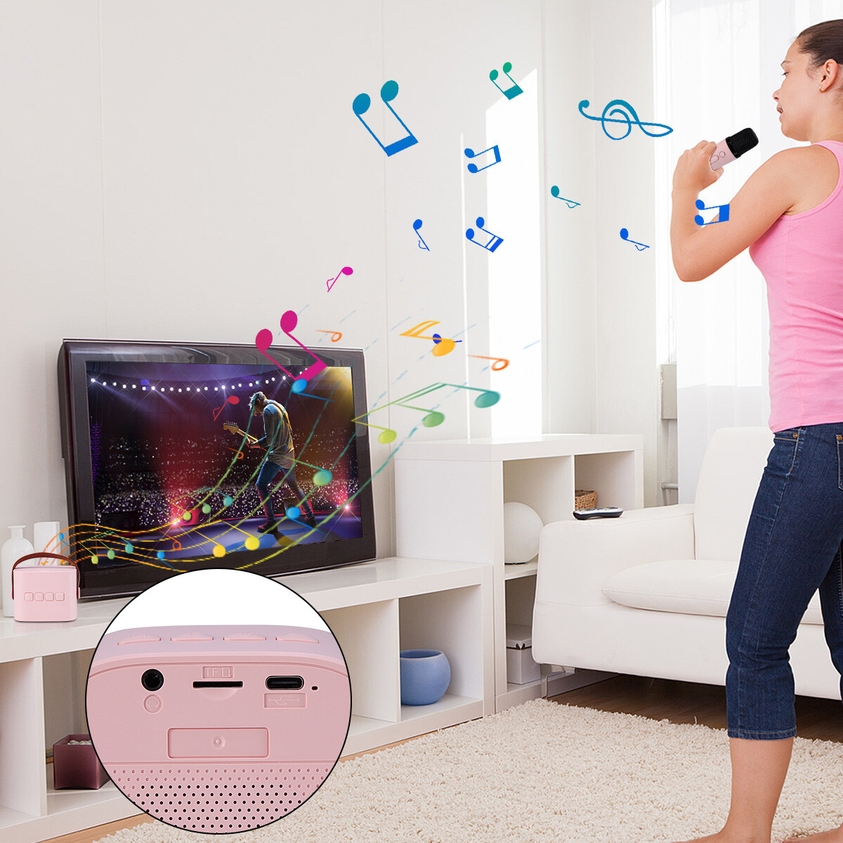 Bluetooth Speaker Portable Karaoke Machine System Microphone Party Light For Kid