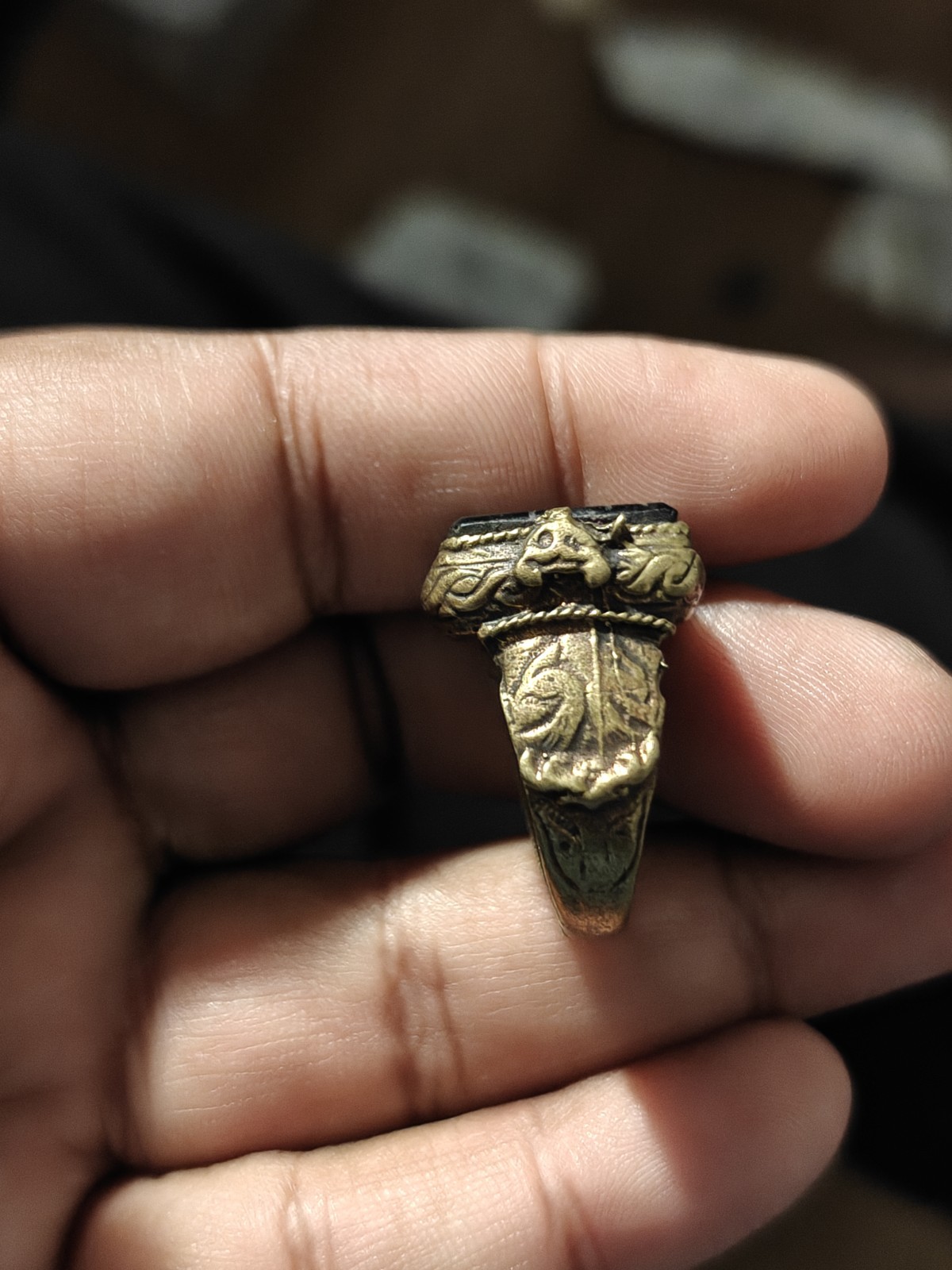 Mediveal brass black agate animal intaglio unique ring