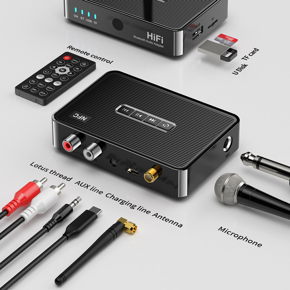 Bluetooth 5.1 Receiver NFC Wireless 3.5mm Jack AUX to 2 RCA Audio Stereo Adapter