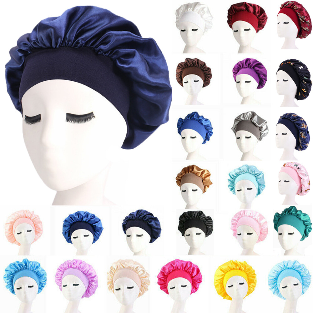 Women Satin Night Sleep Cap Hair Bonnet Hat Head Cover Wide Turban Headwrap ☽ ๑