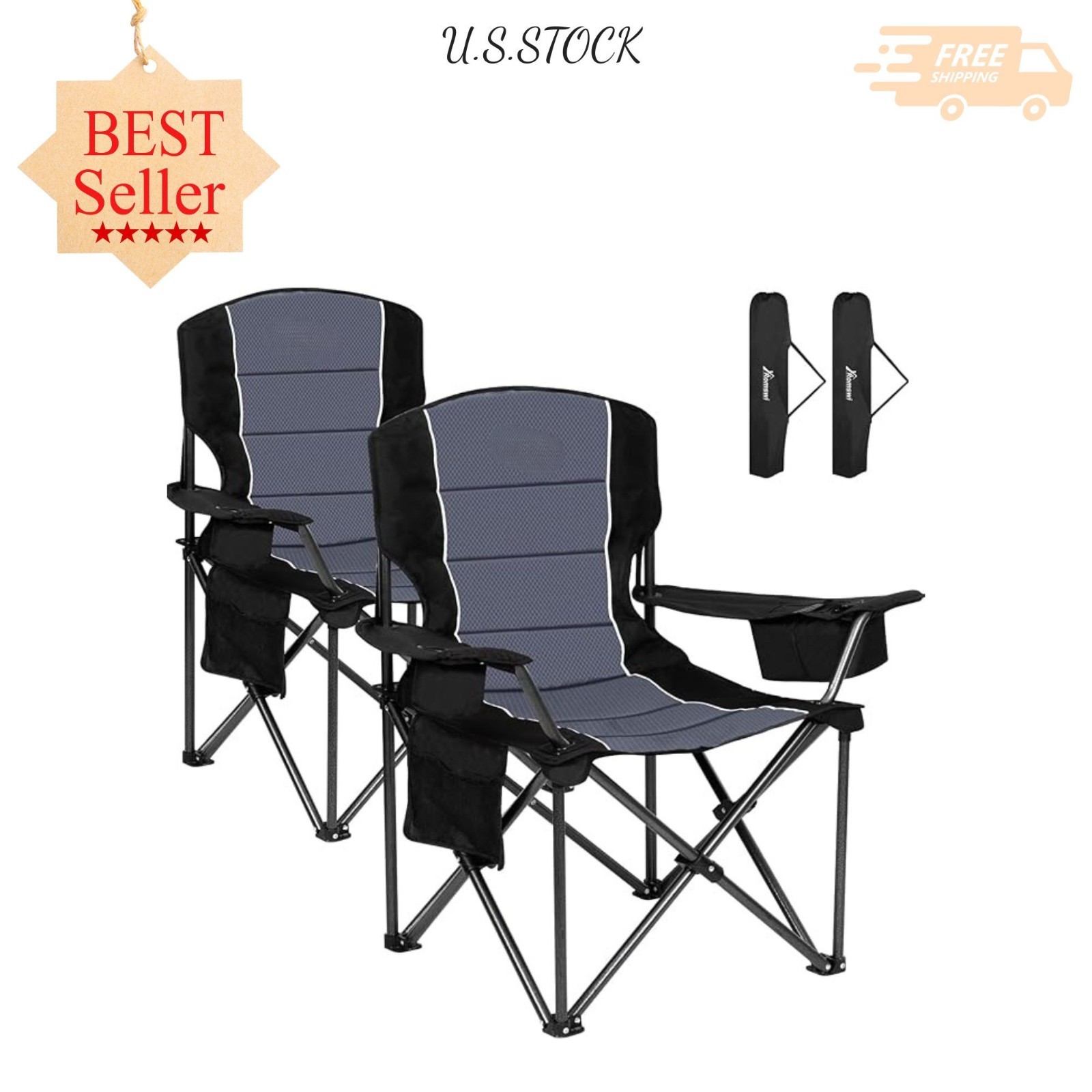 2-Pack Oversized Camping Chairs 500lb Padded Folding Outdoor Black