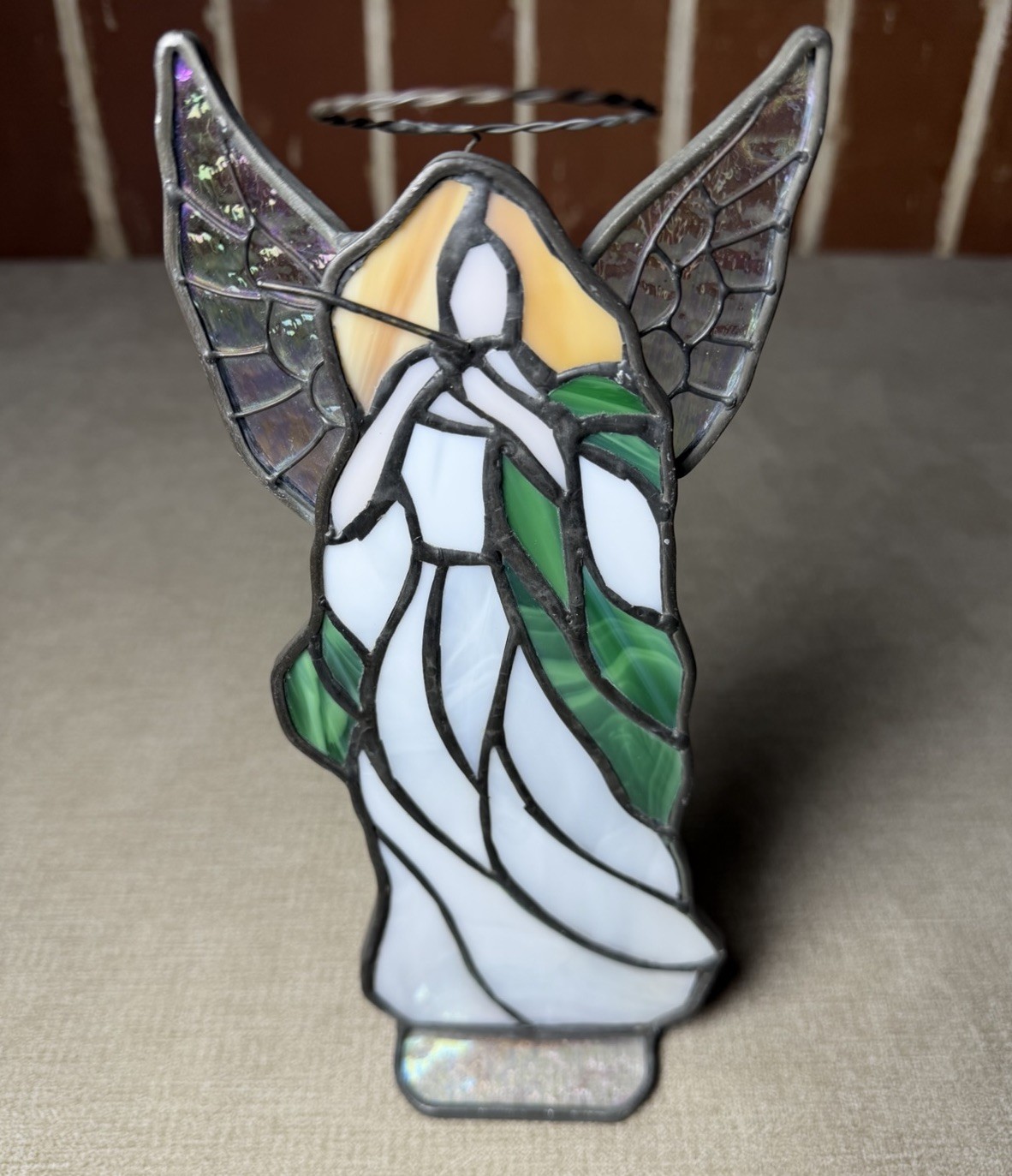 Handmade Standing Angel Stained Glass Green Yellow White Sun Catcher 10"